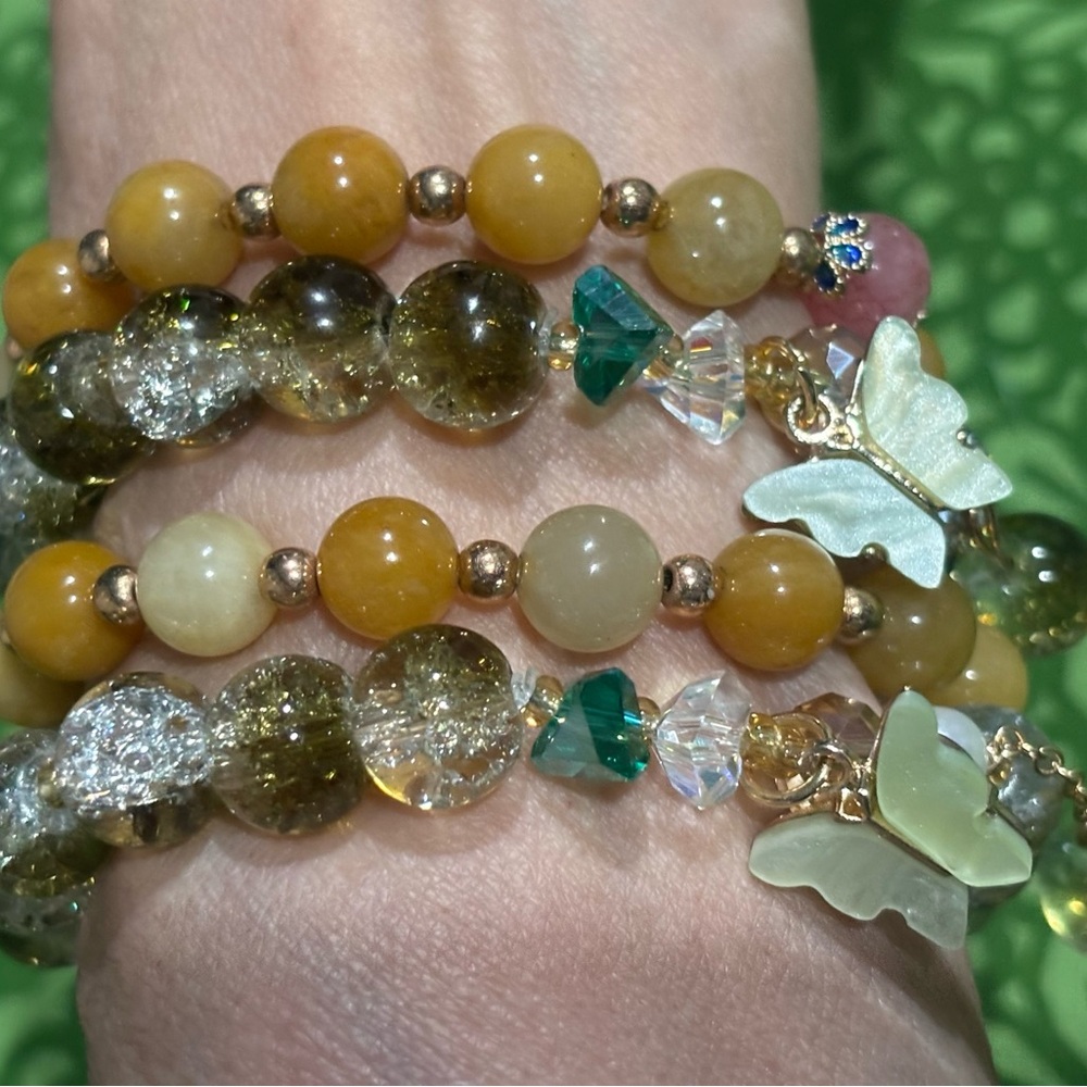 Mothers Day Glass Beaded Sage Green Earth Tone Bracelets W/Butterfly Charm 4pc